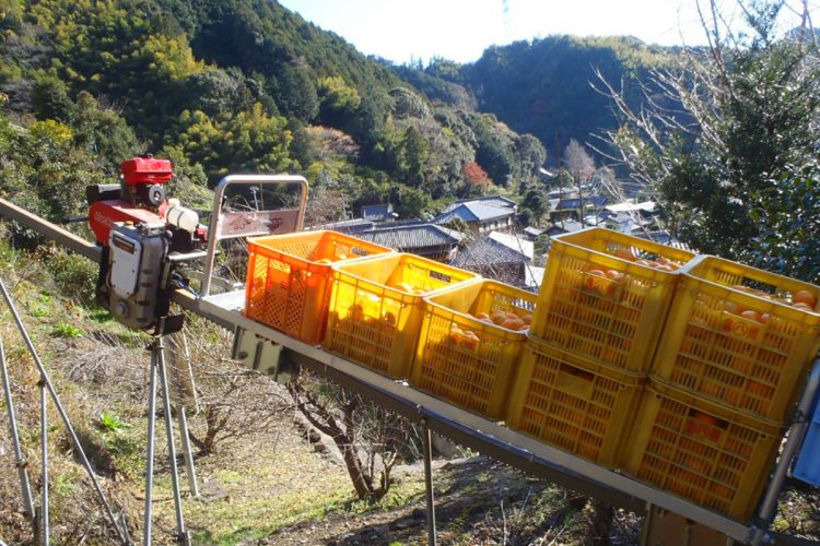 Nikkari Co.’s farming-use monorail system has contributed to reducing the workloads of farmers who would otherwise have had to transport produce over steeply sloped land.