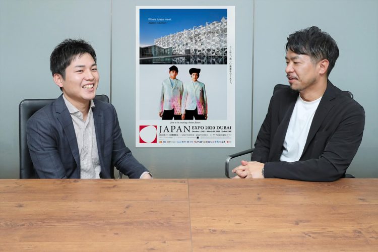 The Japan pavilion’s exhibition producer Takayuki Nagatomo (left) and creative and stage director Masao Ochiai, chat in the conference room of Dentsu Live Inc. on Nov. 5, 2021.
