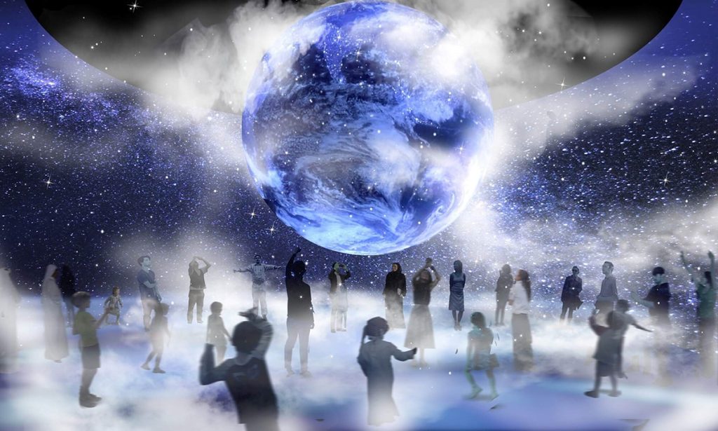 An artist’s rendition depicts Scene 5, where the Earth is suspended in the center of a 360-degree theater.